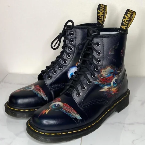 Dr. Martens x Rick Griffin 1460 Black Leather Eye Backhand Tattoo Boots 10 43